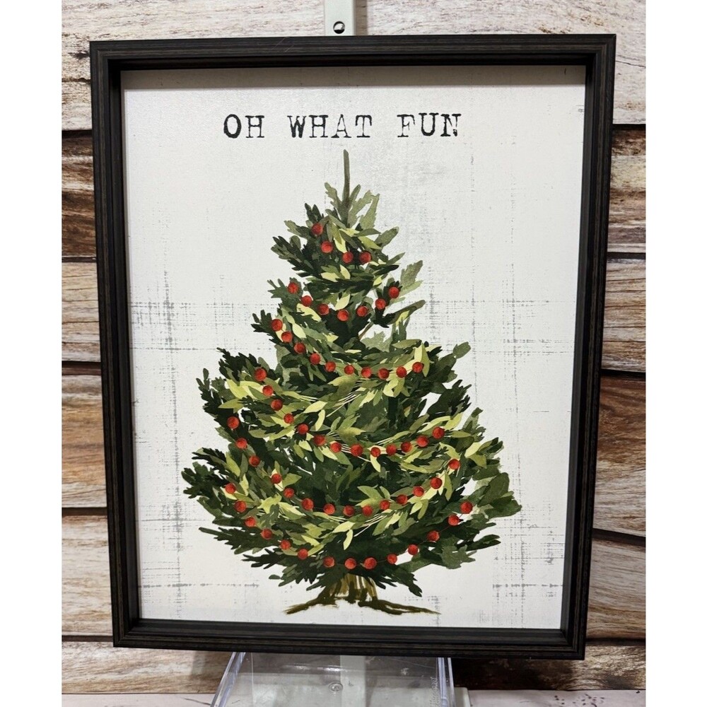 Christmas Tree Oh What Fun Wooden Framed Art 21”x16.5” Primitive Decor